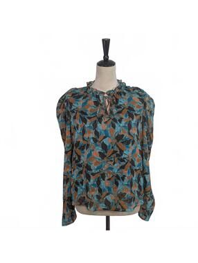 J Joie S Aqua Brown Puffed Sleeve Top Boho Cottagecore 70s Leaves Career